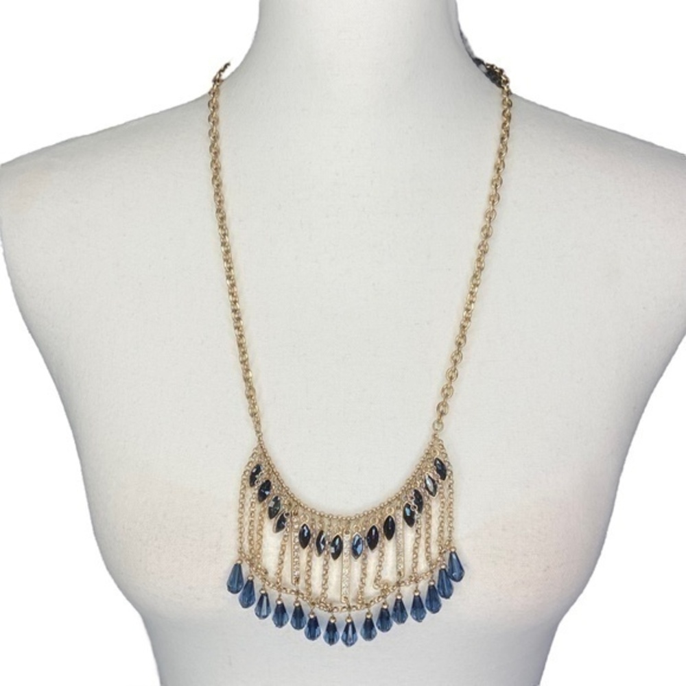Kenneth Cole BLUE RAYS Necklace Shaky Long Blue Bead Gold Tone Necklace